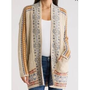 LUCKY BRAND Womens L Geometric Aztec Border Open Front Knit Sweater Boho Western